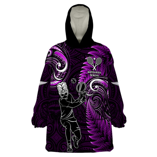 Custom New Zealand Tiki Tennis Wearable Blanket Hoodie 2024 Aotearoa Tenehi Maori Silver Fern - Purple
