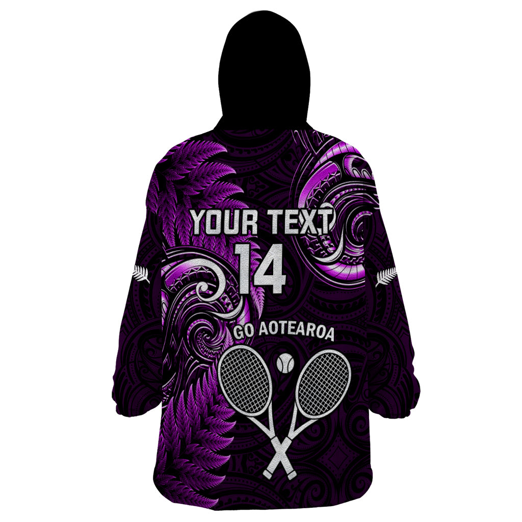 Custom New Zealand Tiki Tennis Wearable Blanket Hoodie 2024 Aotearoa Tenehi Maori Silver Fern - Purple
