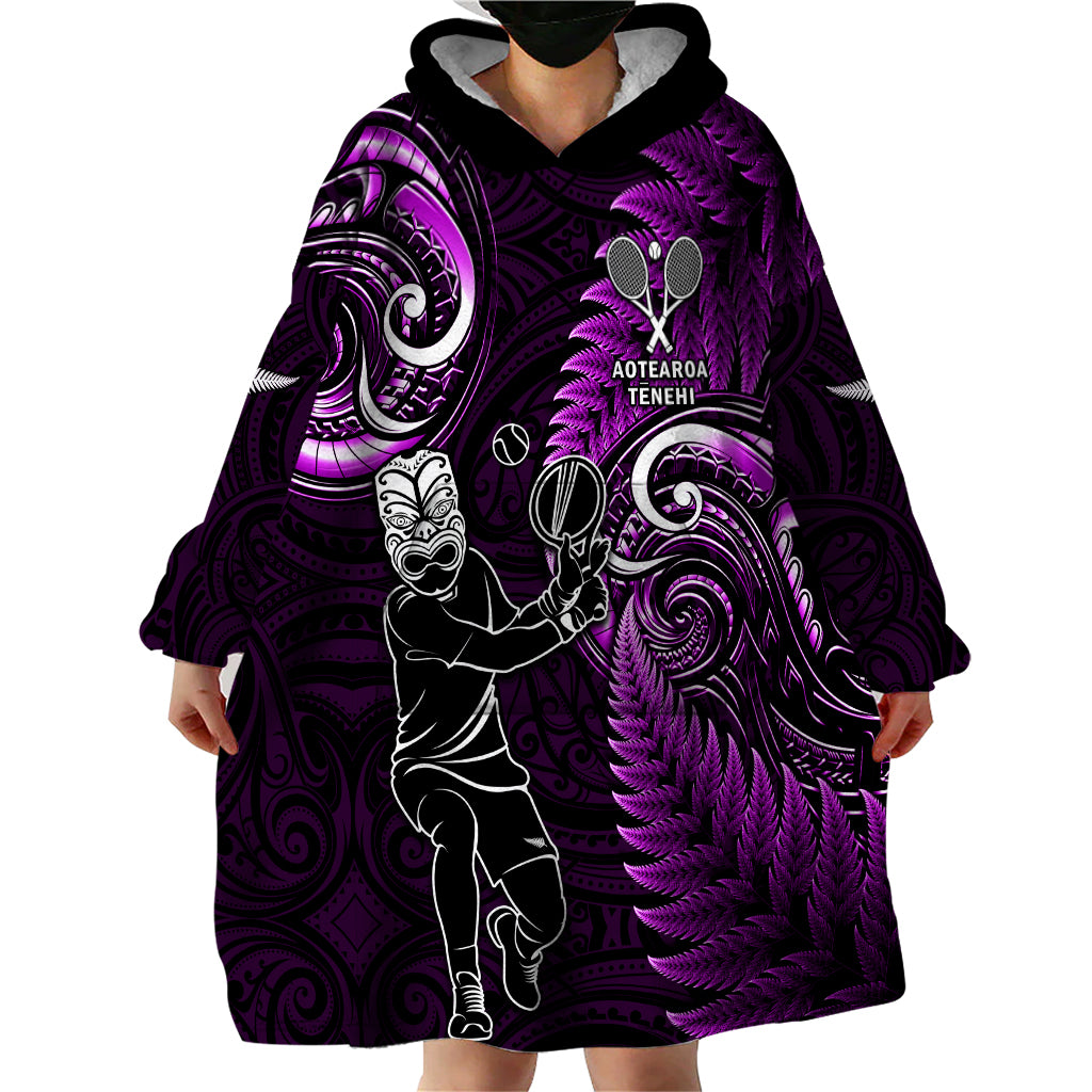 Custom New Zealand Tiki Tennis Wearable Blanket Hoodie 2024 Aotearoa Tenehi Maori Silver Fern - Purple