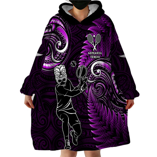 Custom New Zealand Tiki Tennis Wearable Blanket Hoodie 2024 Aotearoa Tenehi Maori Silver Fern - Purple