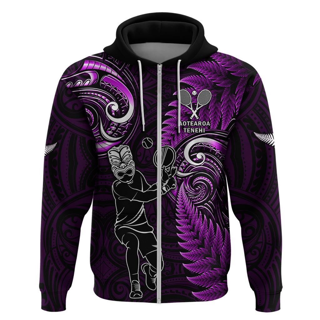 Custom New Zealand Tiki Tennis Zip Hoodie 2024 Aotearoa Tenehi Maori Silver Fern - Purple