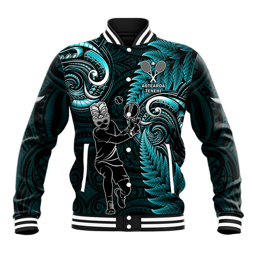 New Zealand Tiki Tennis Baseball Jacket 2024 Aotearoa Tenehi Maori Silver Fern - Turquoise