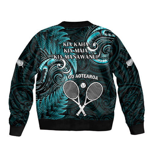 New Zealand Tiki Tennis Bomber Jacket 2024 Aotearoa Tenehi Maori Silver Fern - Turquoise