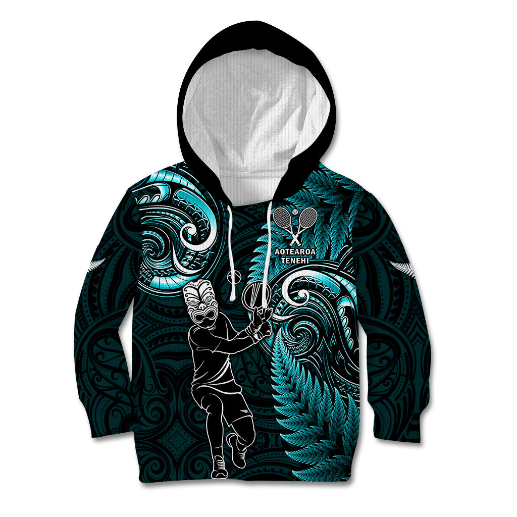 New Zealand Tiki Tennis Kid Hoodie 2024 Aotearoa Tenehi Maori Silver Fern - Turquoise