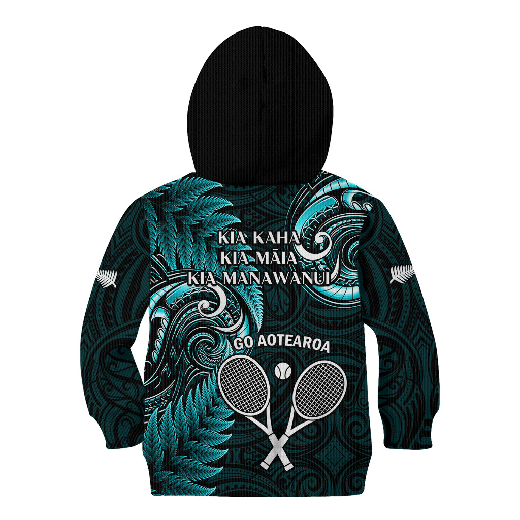 New Zealand Tiki Tennis Kid Hoodie 2024 Aotearoa Tenehi Maori Silver Fern - Turquoise