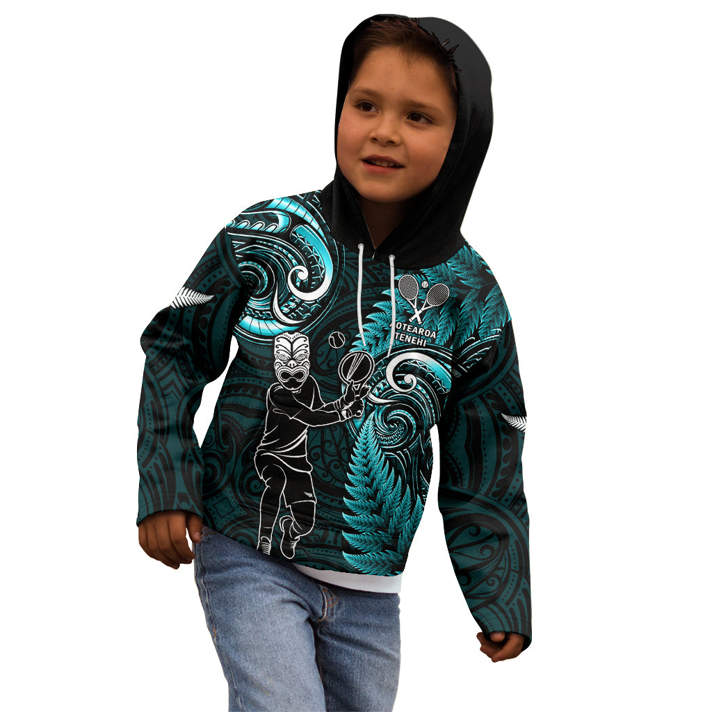 New Zealand Tiki Tennis Kid Hoodie 2024 Aotearoa Tenehi Maori Silver Fern - Turquoise