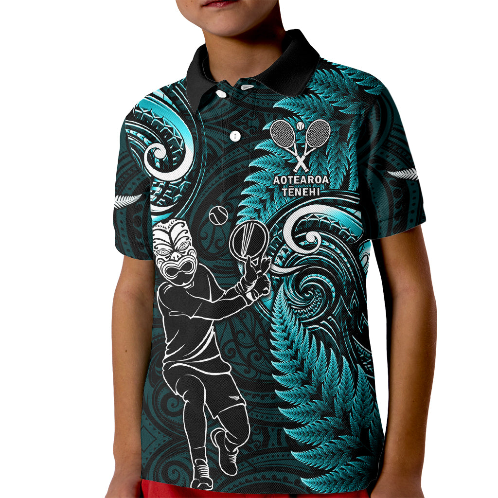 New Zealand Tiki Tennis Kid Polo Shirt 2024 Aotearoa Tenehi Maori Silver Fern - Turquoise
