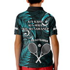 New Zealand Tiki Tennis Kid Polo Shirt 2024 Aotearoa Tenehi Maori Silver Fern - Turquoise