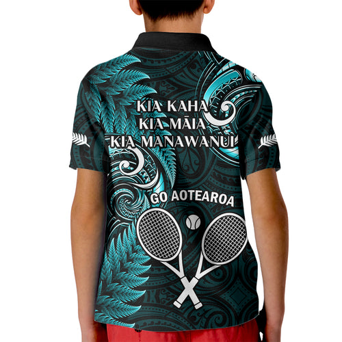 New Zealand Tiki Tennis Kid Polo Shirt 2024 Aotearoa Tenehi Maori Silver Fern - Turquoise