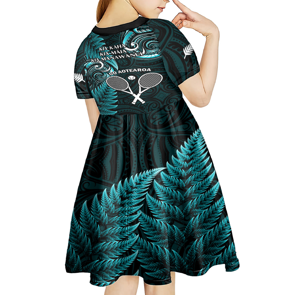 New Zealand Tiki Tennis Kid Short Sleeve Dress 2024 Aotearoa Tenehi Maori Silver Fern - Turquoise