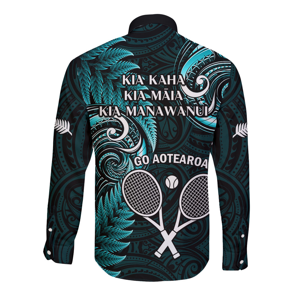 New Zealand Tiki Tennis Long Sleeve Button Shirt 2024 Aotearoa Tenehi Maori Silver Fern - Turquoise