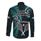 New Zealand Tiki Tennis Long Sleeve Button Shirt 2024 Aotearoa Tenehi Maori Silver Fern - Turquoise