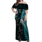 New Zealand Tiki Tennis Off Shoulder Maxi Dress 2024 Aotearoa Tenehi Maori Silver Fern - Turquoise