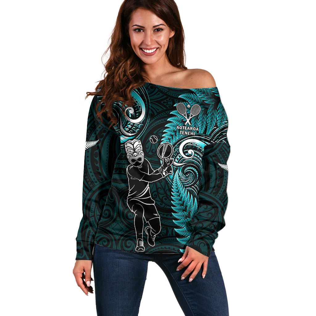 New Zealand Tiki Tennis Off Shoulder Sweater 2024 Aotearoa Tenehi Maori Silver Fern - Turquoise