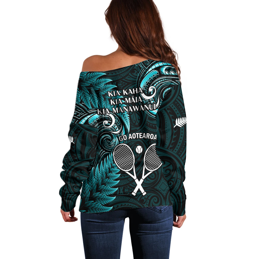 New Zealand Tiki Tennis Off Shoulder Sweater 2024 Aotearoa Tenehi Maori Silver Fern - Turquoise