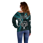 New Zealand Tiki Tennis Off Shoulder Sweater 2024 Aotearoa Tenehi Maori Silver Fern - Turquoise