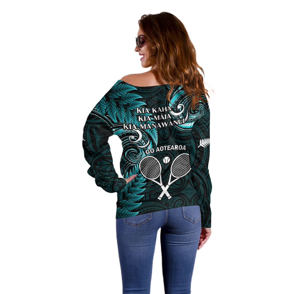 New Zealand Tiki Tennis Off Shoulder Sweater 2024 Aotearoa Tenehi Maori Silver Fern - Turquoise