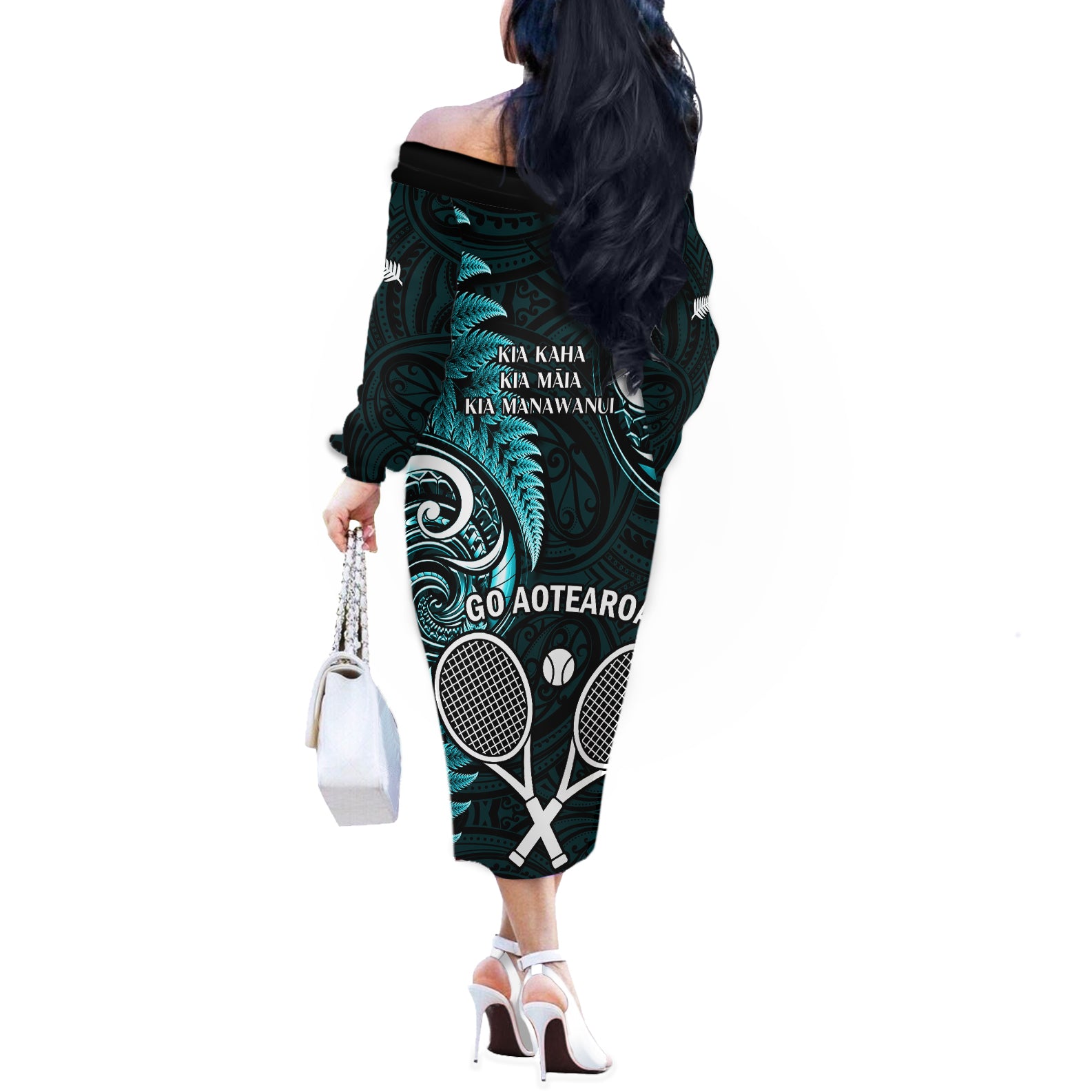 New Zealand Tiki Tennis Off The Shoulder Long Sleeve Dress 2024 Aotearoa Tenehi Maori Silver Fern - Turquoise