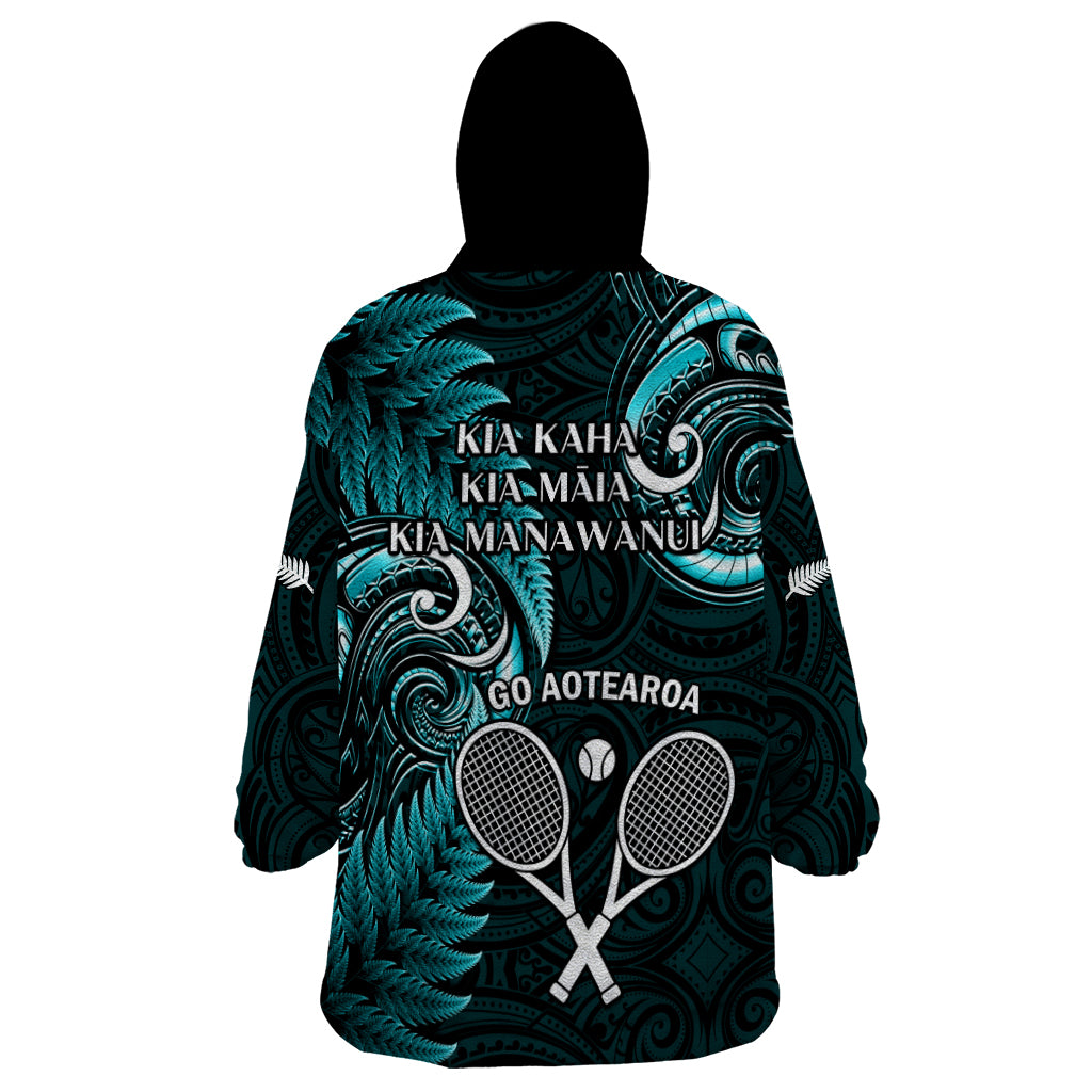 New Zealand Tiki Tennis Wearable Blanket Hoodie 2024 Aotearoa Tenehi Maori Silver Fern - Turquoise