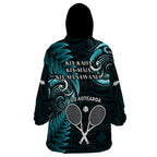 New Zealand Tiki Tennis Wearable Blanket Hoodie 2024 Aotearoa Tenehi Maori Silver Fern - Turquoise