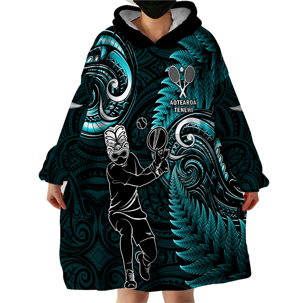 New Zealand Tiki Tennis Wearable Blanket Hoodie 2024 Aotearoa Tenehi Maori Silver Fern - Turquoise