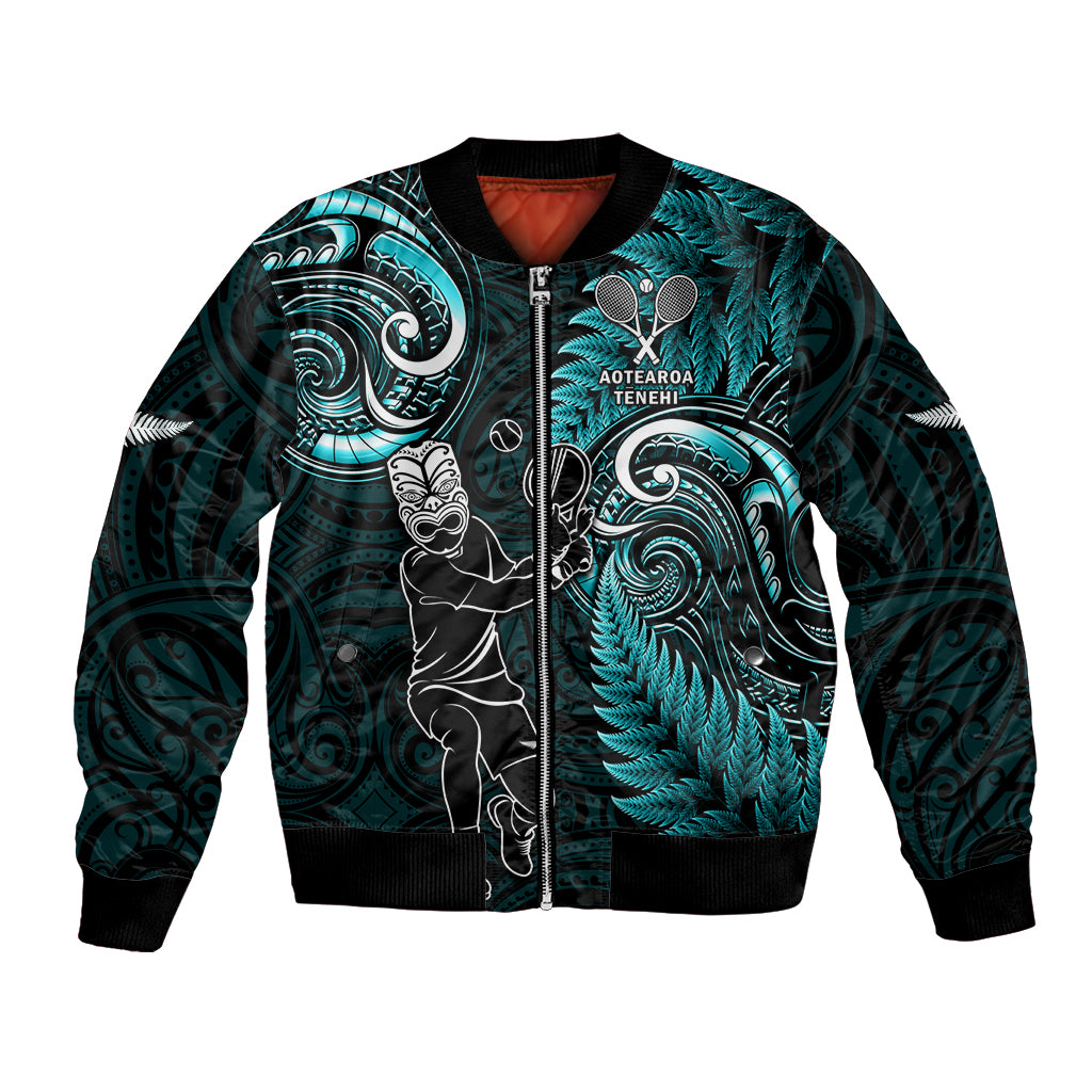 Custom New Zealand Tiki Tennis Bomber Jacket 2024 Aotearoa Tenehi Maori Silver Fern - Turquoise