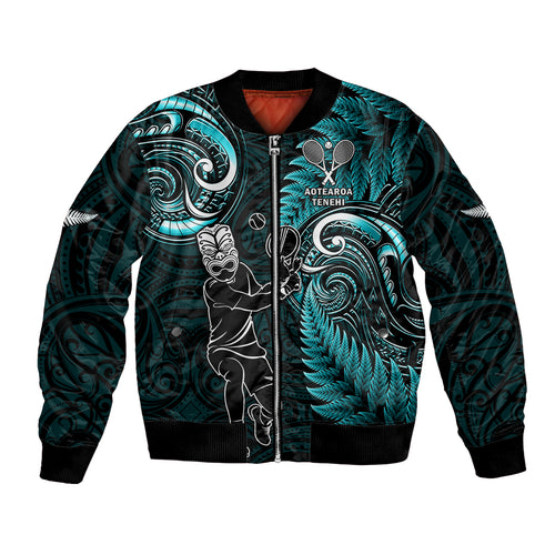 Custom New Zealand Tiki Tennis Bomber Jacket 2024 Aotearoa Tenehi Maori Silver Fern - Turquoise