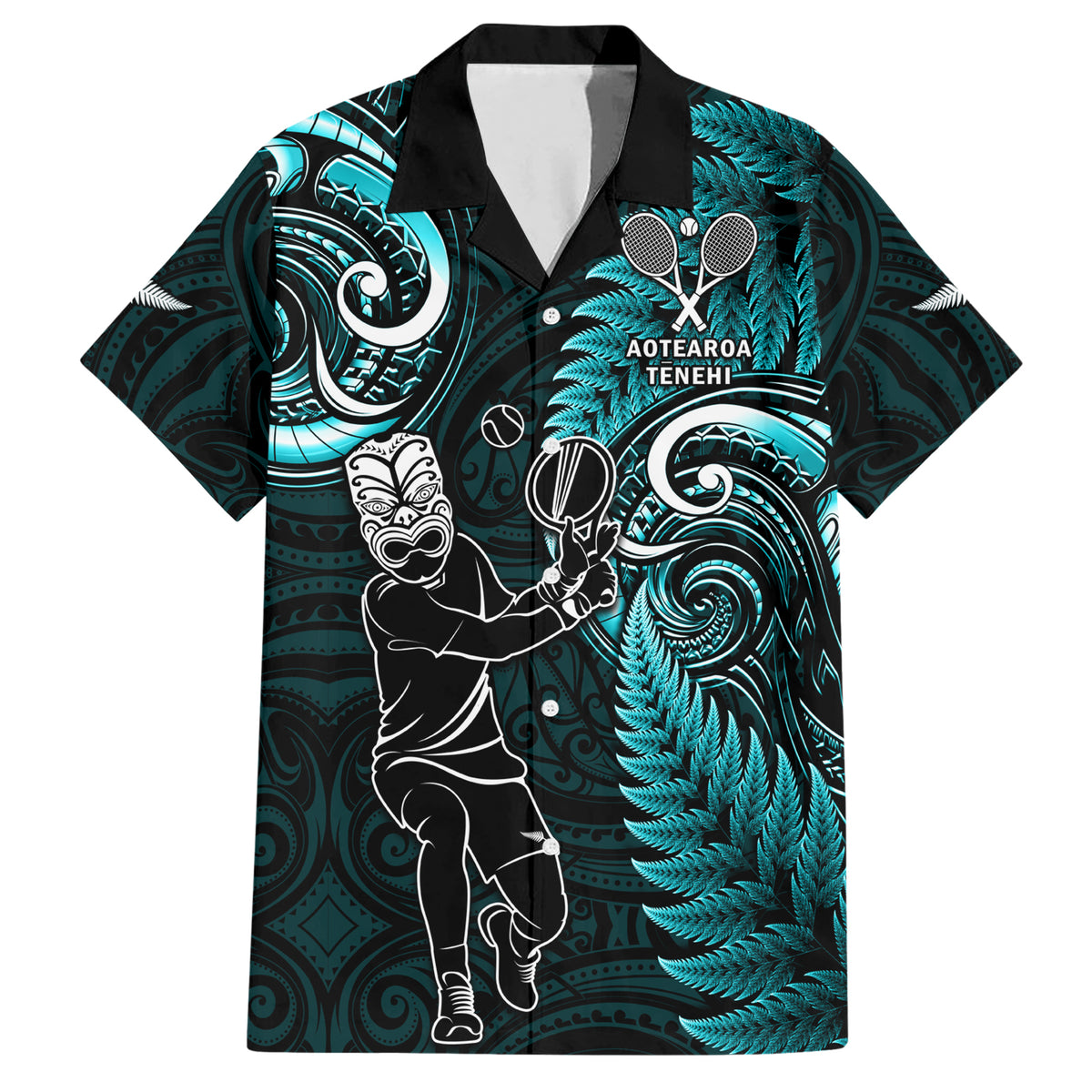 Custom New Zealand Tiki Tennis Hawaiian Shirt 2024 Aotearoa Tenehi Maori Silver Fern - Turquoise