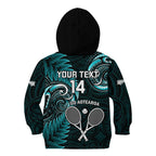 Custom New Zealand Tiki Tennis Kid Hoodie 2024 Aotearoa Tenehi Maori Silver Fern - Turquoise