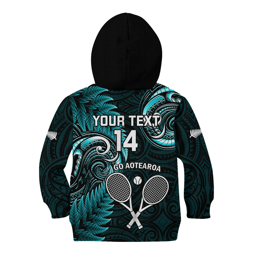 Custom New Zealand Tiki Tennis Kid Hoodie 2024 Aotearoa Tenehi Maori Silver Fern - Turquoise