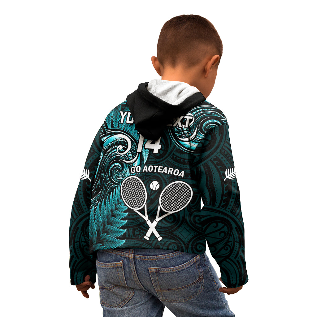 Custom New Zealand Tiki Tennis Kid Hoodie 2024 Aotearoa Tenehi Maori Silver Fern - Turquoise