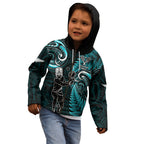 Custom New Zealand Tiki Tennis Kid Hoodie 2024 Aotearoa Tenehi Maori Silver Fern - Turquoise
