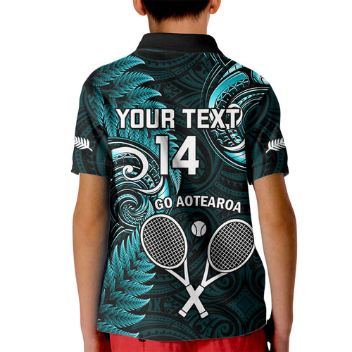 Custom New Zealand Tiki Tennis Kid Polo Shirt 2024 Aotearoa Tenehi Maori Silver Fern - Turquoise