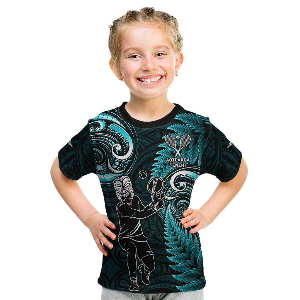 Custom New Zealand Tiki Tennis Kid T Shirt 2024 Aotearoa Tenehi Maori Silver Fern - Turquoise