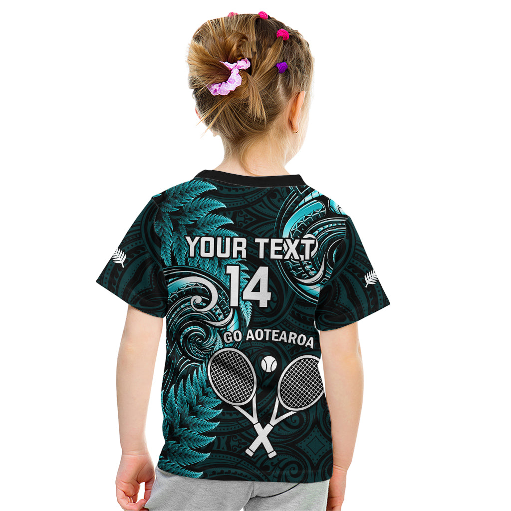 Custom New Zealand Tiki Tennis Kid T Shirt 2024 Aotearoa Tenehi Maori Silver Fern - Turquoise
