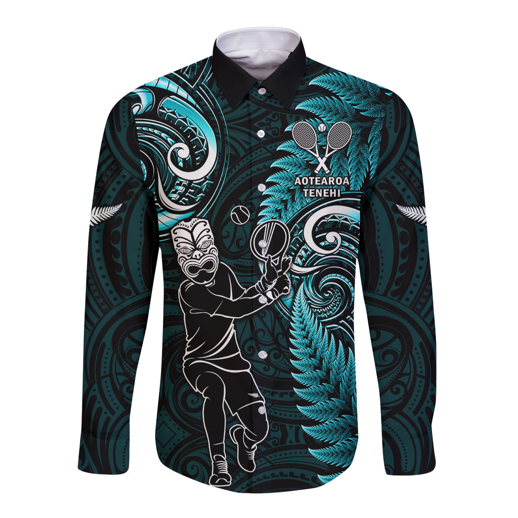 Custom New Zealand Tiki Tennis Long Sleeve Button Shirt 2024 Aotearoa Tenehi Maori Silver Fern - Turquoise