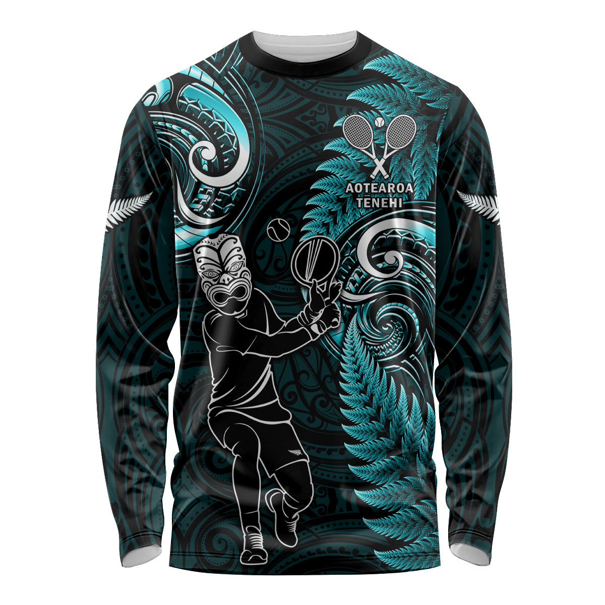 Custom New Zealand Tiki Tennis Long Sleeve Shirt 2024 Aotearoa Tenehi Maori Silver Fern - Turquoise