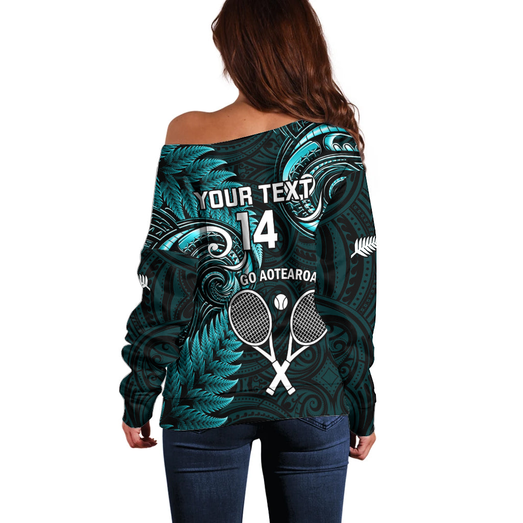 Custom New Zealand Tiki Tennis Off Shoulder Sweater 2024 Aotearoa Tenehi Maori Silver Fern - Turquoise