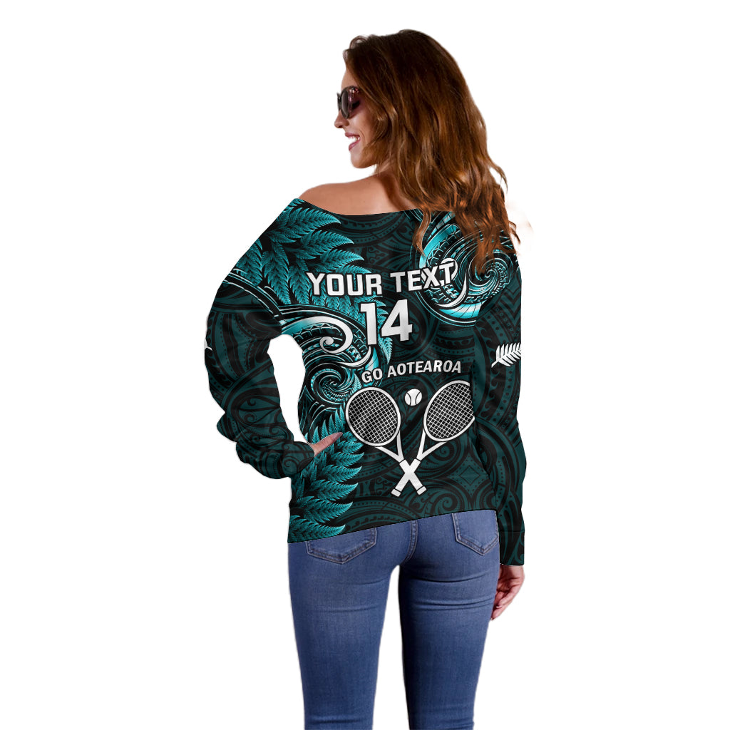 Custom New Zealand Tiki Tennis Off Shoulder Sweater 2024 Aotearoa Tenehi Maori Silver Fern - Turquoise