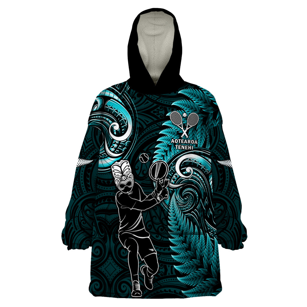 Custom New Zealand Tiki Tennis Wearable Blanket Hoodie 2024 Aotearoa Tenehi Maori Silver Fern - Turquoise