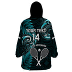 Custom New Zealand Tiki Tennis Wearable Blanket Hoodie 2024 Aotearoa Tenehi Maori Silver Fern - Turquoise