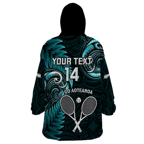 Custom New Zealand Tiki Tennis Wearable Blanket Hoodie 2024 Aotearoa Tenehi Maori Silver Fern - Turquoise