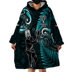 Custom New Zealand Tiki Tennis Wearable Blanket Hoodie 2024 Aotearoa Tenehi Maori Silver Fern - Turquoise