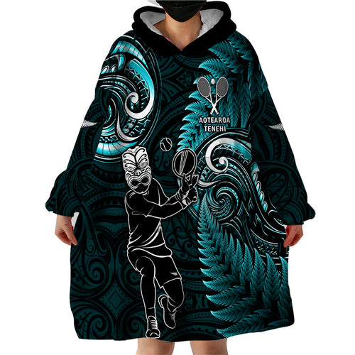 Custom New Zealand Tiki Tennis Wearable Blanket Hoodie 2024 Aotearoa Tenehi Maori Silver Fern - Turquoise