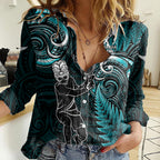 Custom New Zealand Tiki Tennis Women Casual Shirt 2024 Aotearoa Tenehi Maori Silver Fern - Turquoise