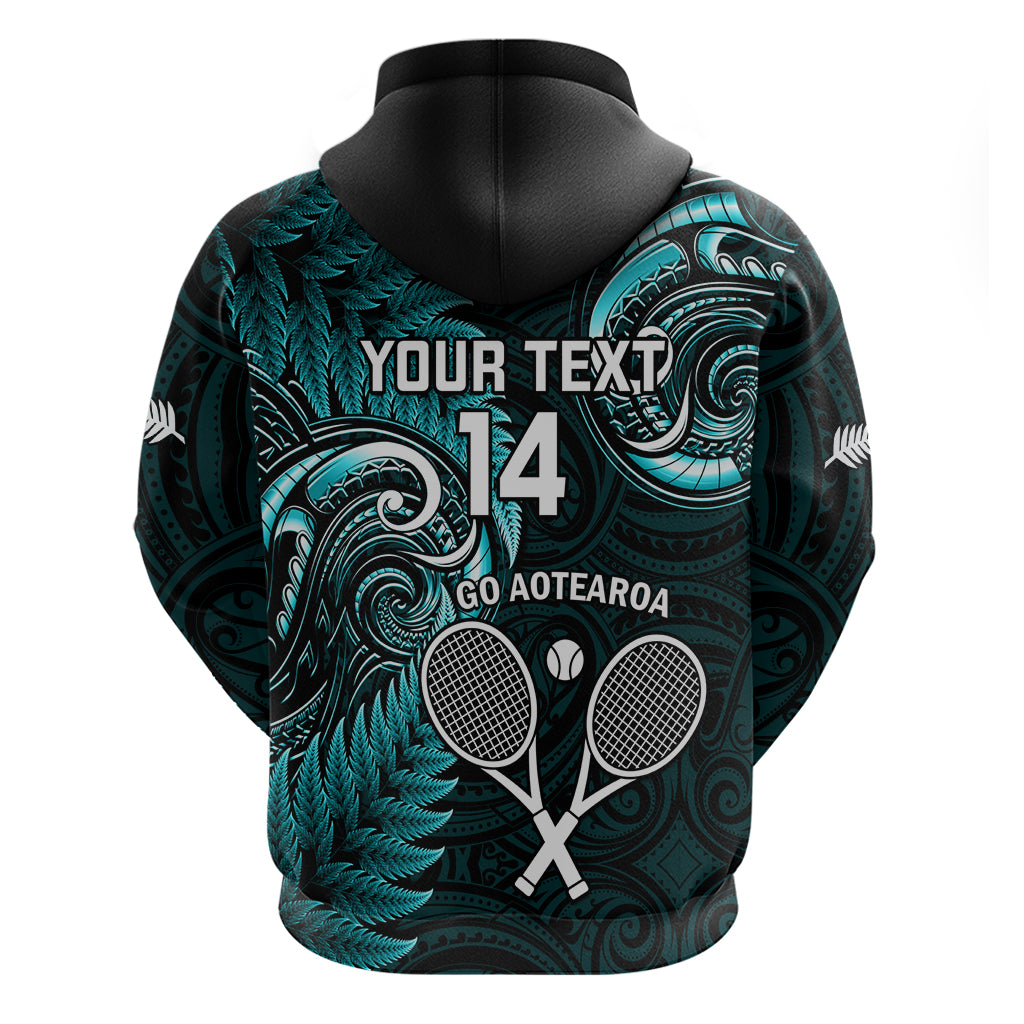Custom New Zealand Tiki Tennis Zip Hoodie 2024 Aotearoa Tenehi Maori Silver Fern - Turquoise