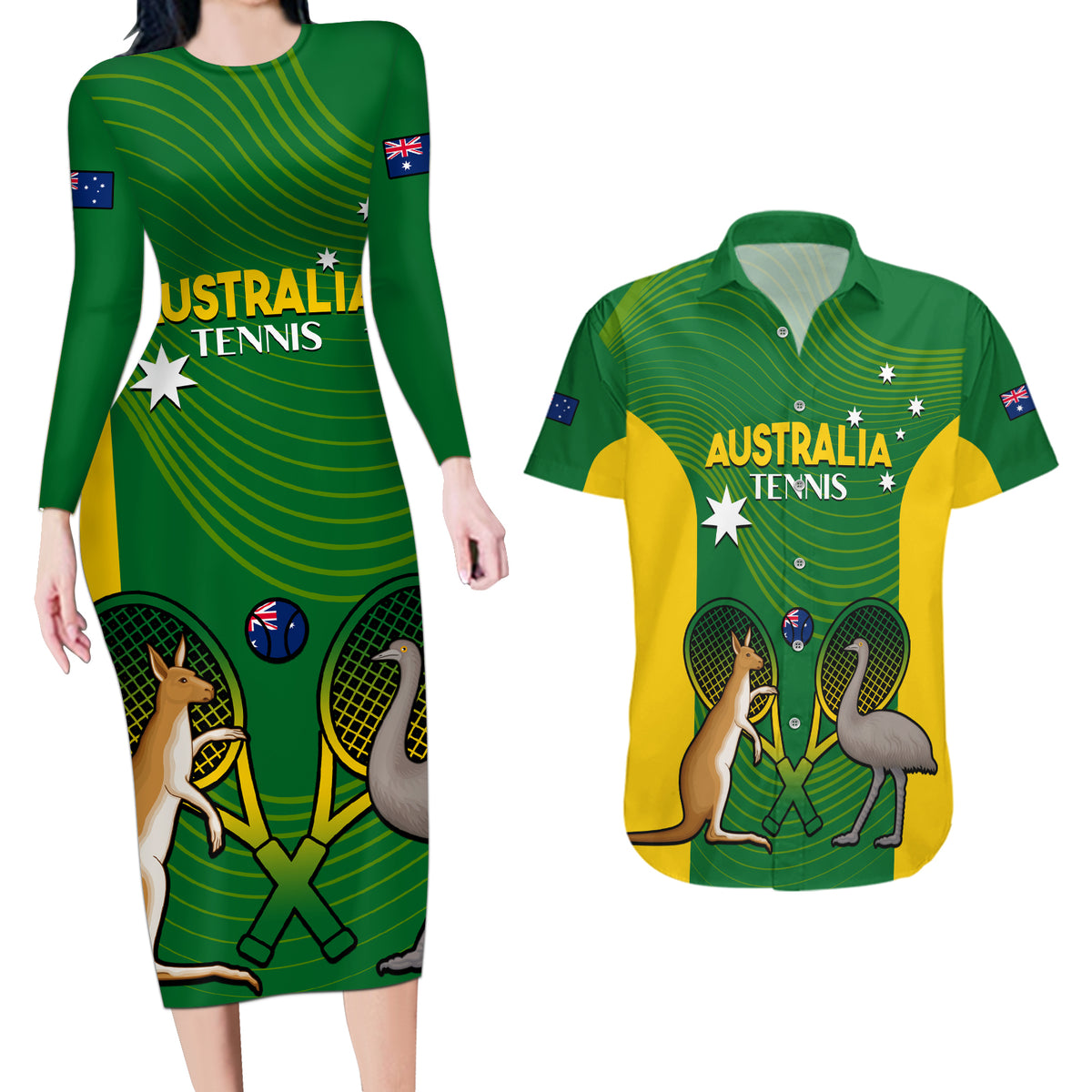 Personalised Australia Tennis Couples Matching Long Sleeve Bodycon Dress and Hawaiian Shirt Aussie Pride National Color