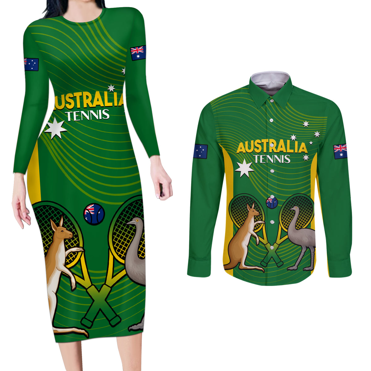 Personalised Australia Tennis Couples Matching Long Sleeve Bodycon Dress and Long Sleeve Button Shirt Aussie Pride National Color