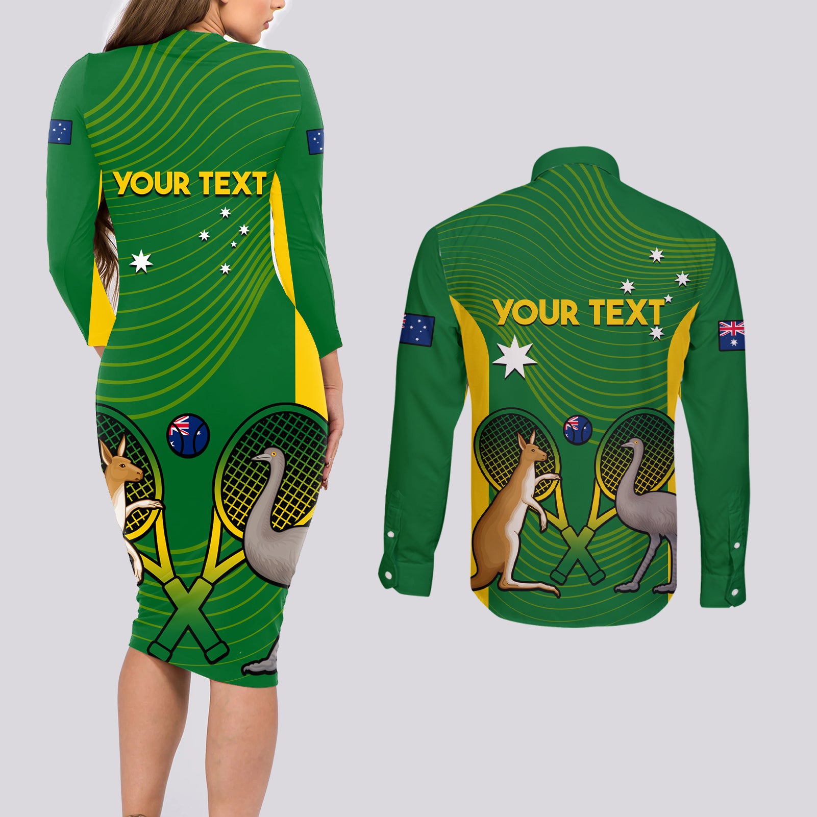 Personalised Australia Tennis Couples Matching Long Sleeve Bodycon Dress and Long Sleeve Button Shirt Aussie Pride National Color