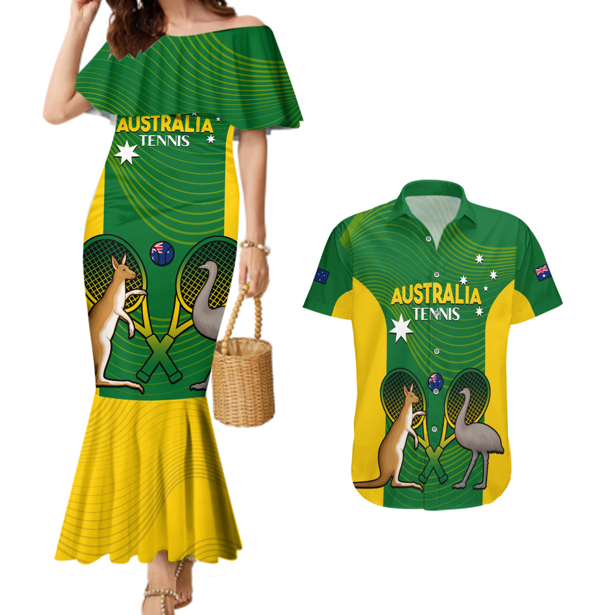 Personalised Australia Tennis Couples Matching Mermaid Dress and Hawaiian Shirt Aussie Pride National Color